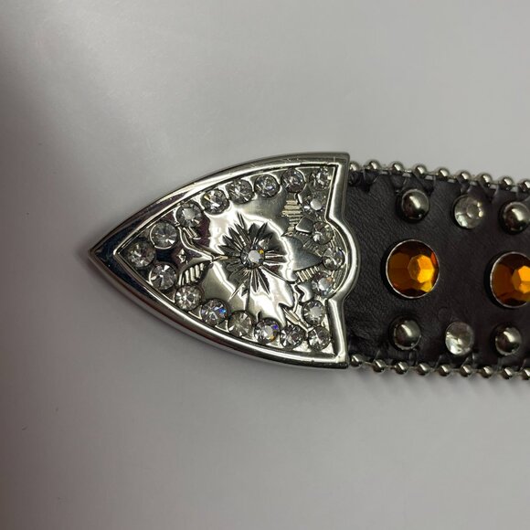 BHW Western Amber Bling Cowgirl Belt Gen Leather Sz L 36-38 Brown Silver Rodeo - Picture 7 of 16